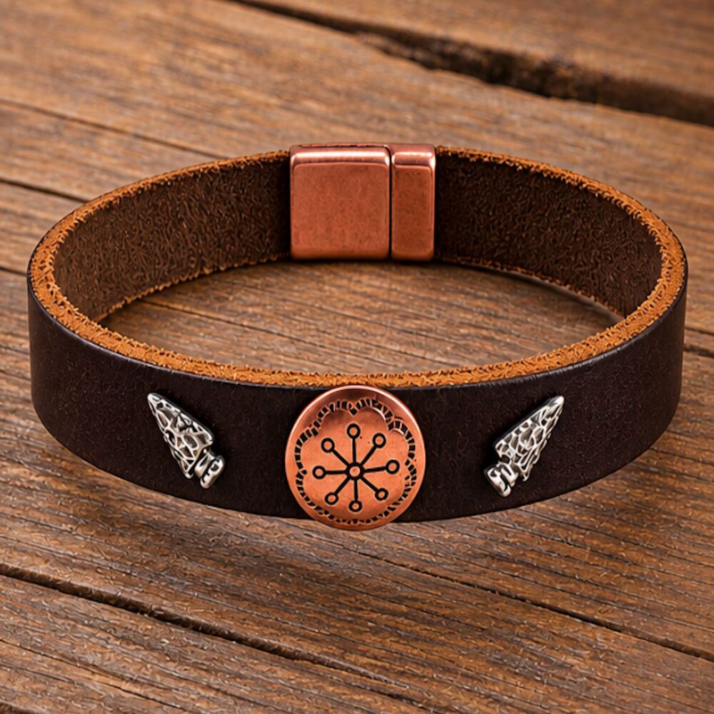 9 inch Mens Brown Leather Wristband Concho/Arrowheads Magnetic Clasp Western